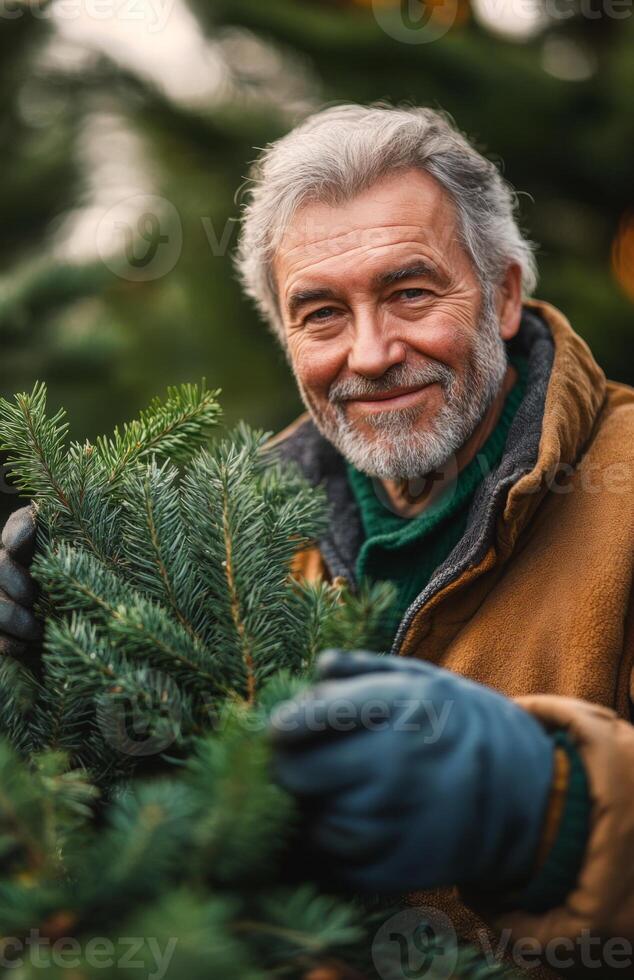 Happy elderly man harvesting Christmas trees for holiday decor at a festive tree farm photo