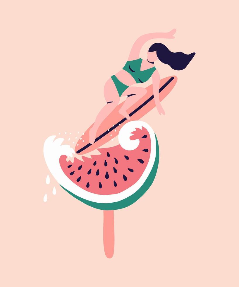 Poster with surfer girl with longboard. Watermelon ice cream. vector