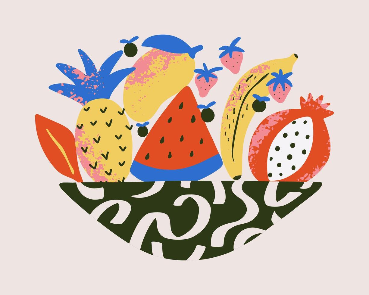Poster with tropical fruits in a dish. Banana, mango, pineapple, pomegranate, strawberry, blueberry. Illustration. vector