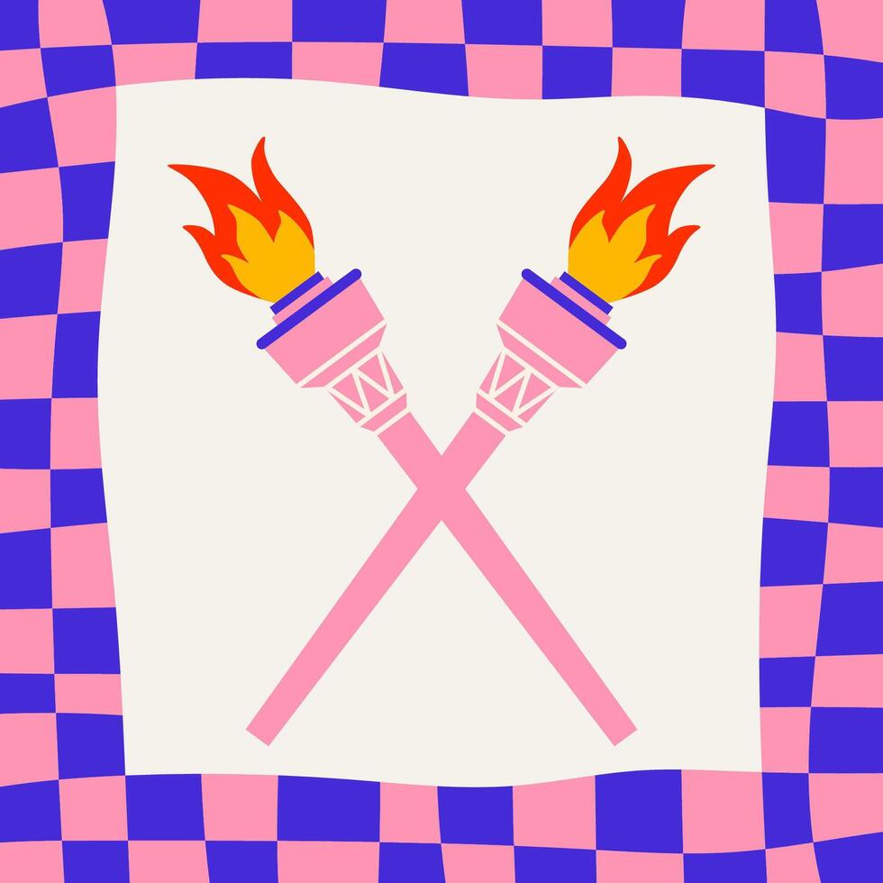 Abstract groovy aesthetic background with torch. Fire symbol of competition victory, championship. Y2k illustration. vector