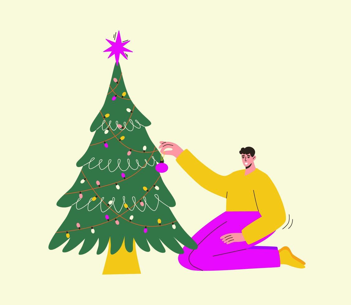 Man decorating Xmas tree. Merry Christmas greeting card. in cartoon style. vector