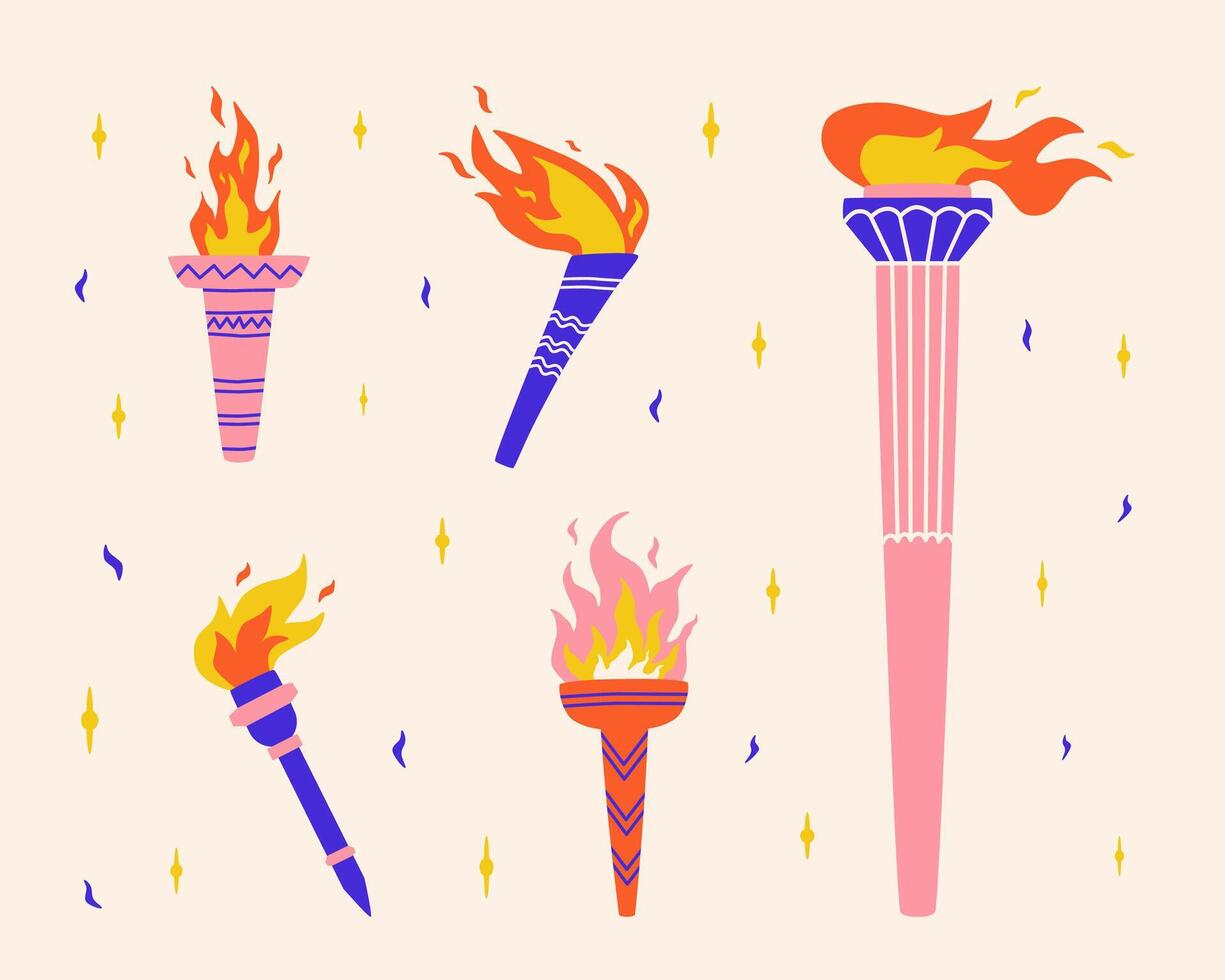 Set of torches with flame in trippy stile. Fire symbol of competition victory, championship. illustration vector