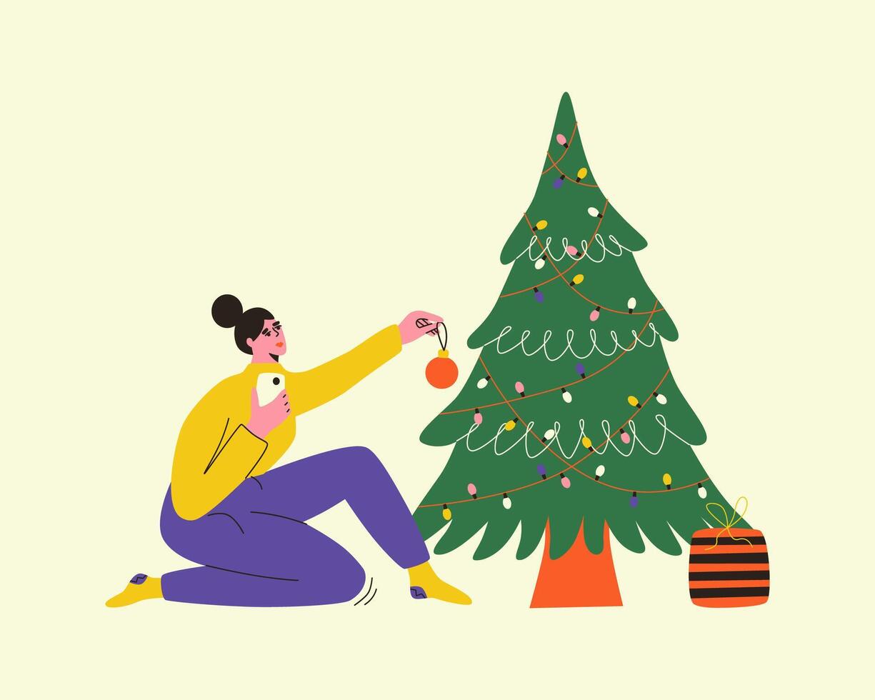 Woman with phone decorates Christmas tree. Merry Christmas greeting card. Illustration in cartoon style. vector