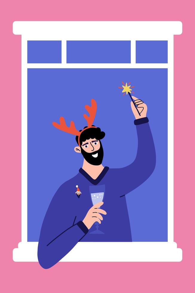 Man in the window celebrate Xmas. Christmas card with cute cartoon character. vector