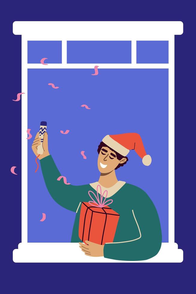 Mery Christmas card with man in the window. Window with man and confetti celebrating Christmas or New Year. vector