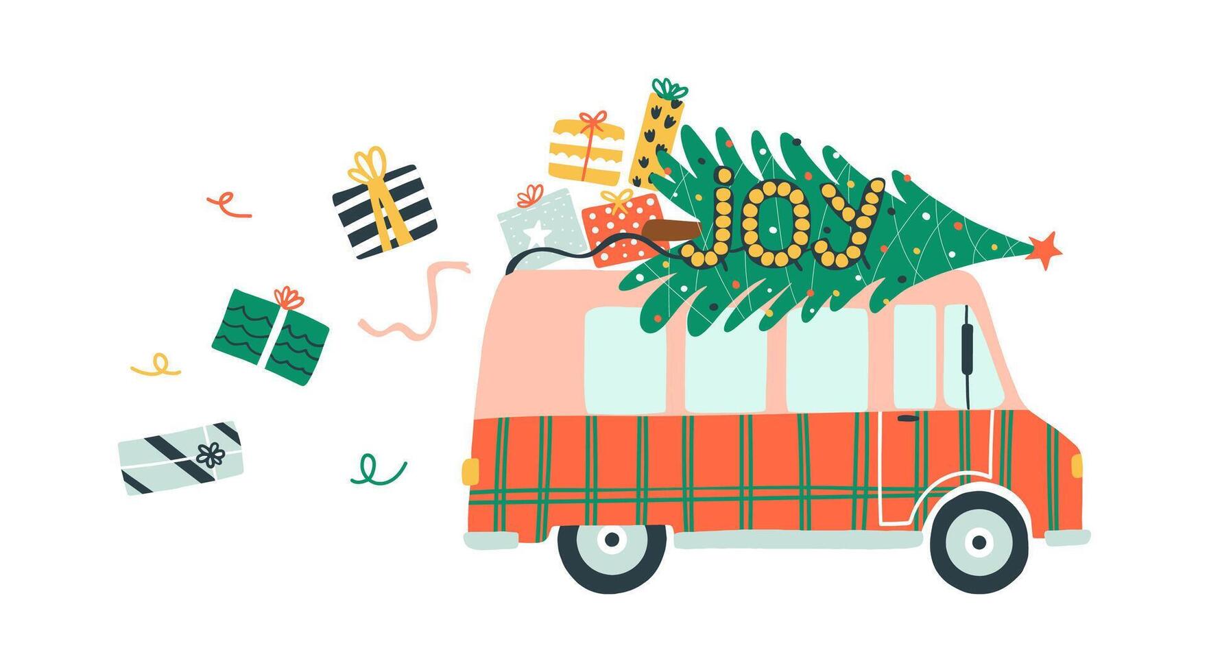 Greeting postcard with retro van. On the roof of caravan Christmas tree and gifts. Christmas truck with signboard lettering joy. Illustration for card, cover, t shirt, bag. vector