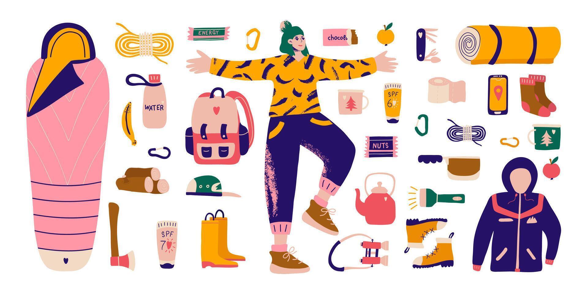 Character with bundle for camping and adventure. vector