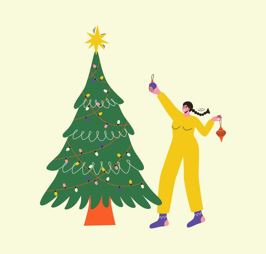 Woman with tree toy decorates Christmas tree. Merry Christmas greeting card. in cartoon style. vector