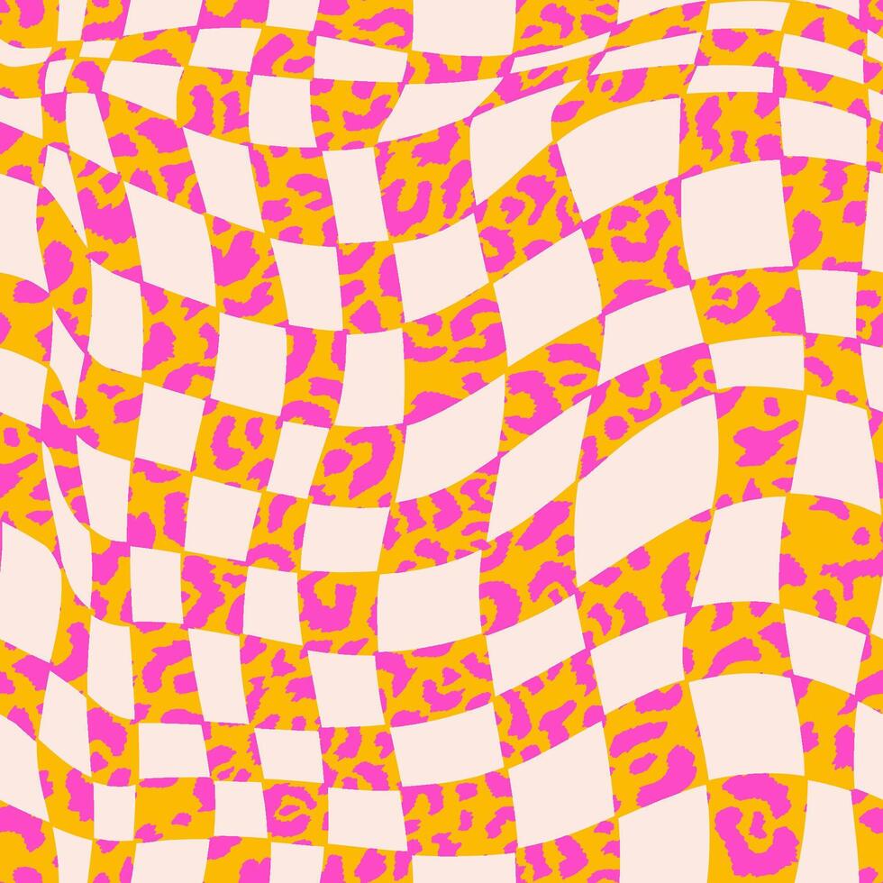 Seamless pattern in 1970 trippy style with grid and leopard print. Wavy swirl print in pink colors. Hand drawn illustration. Design groovy for background, wallpaper, pack. vector