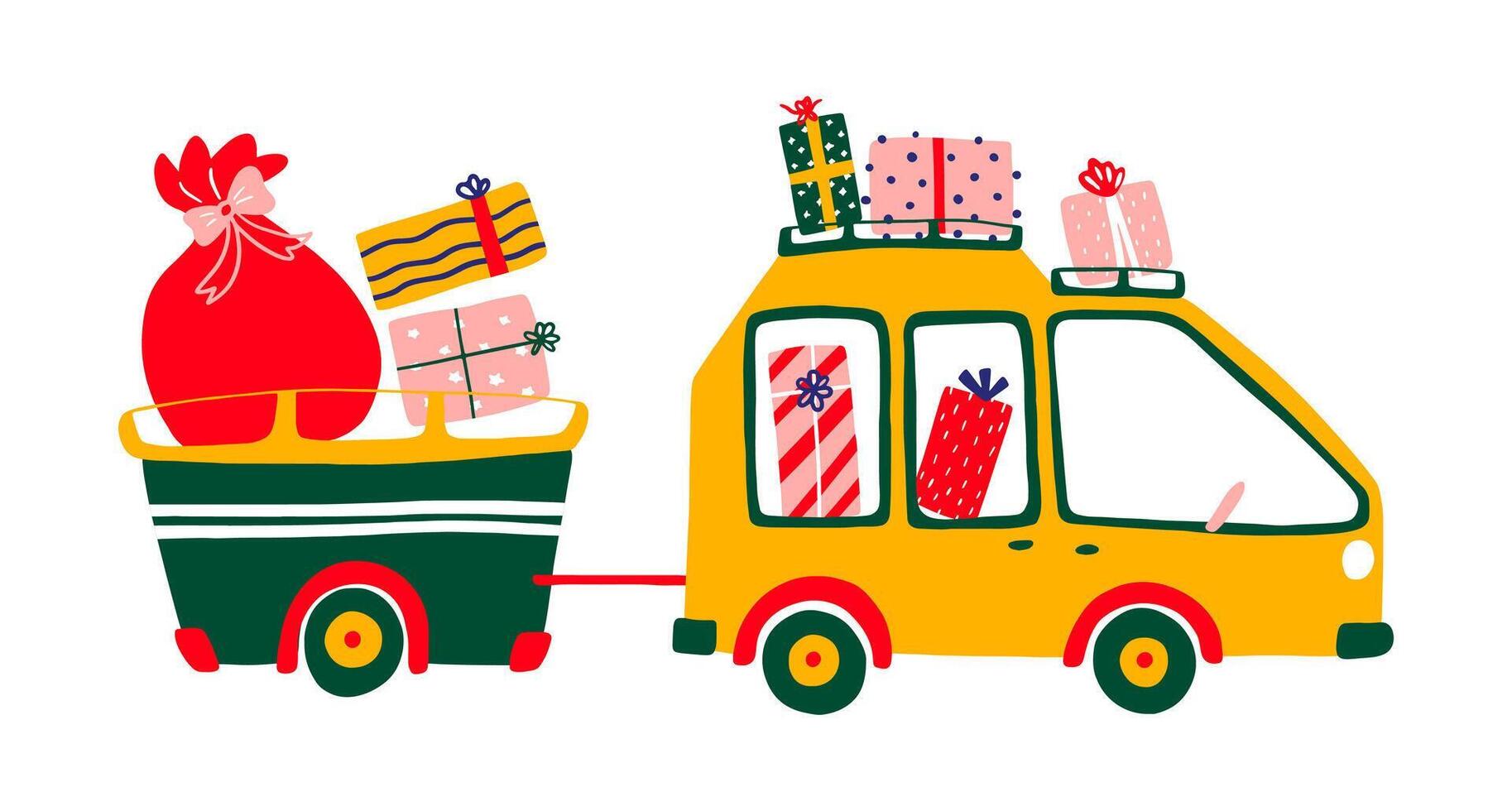 Noel postcard with retro cartoon minivan with trailer. Car with sack, shopping and gifts for Christmas. Illustration for card, cover, t shirt, bag. vector