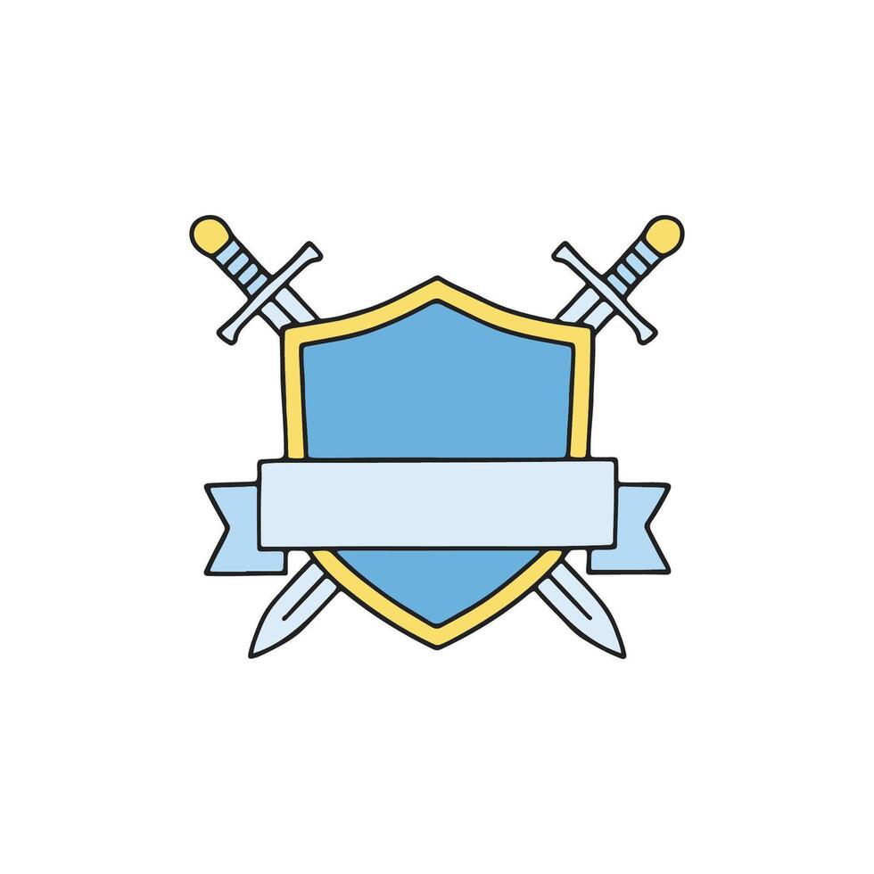 an emblem with a shield, ribbon and sword logo vector