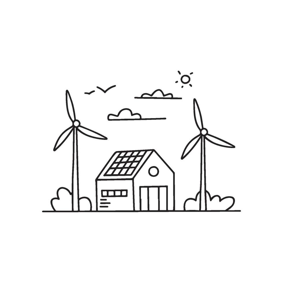 Drawing of solar panels and wind turbines next to a modern house vector