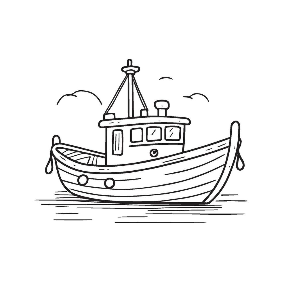 Simple drawing of a fishing boat near the coast dock vector