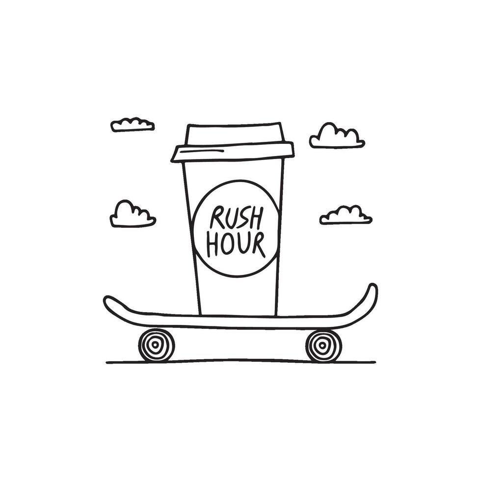Simple drawing of A coffee cup with 'rush hour' written on it, placed on a skateboard vector