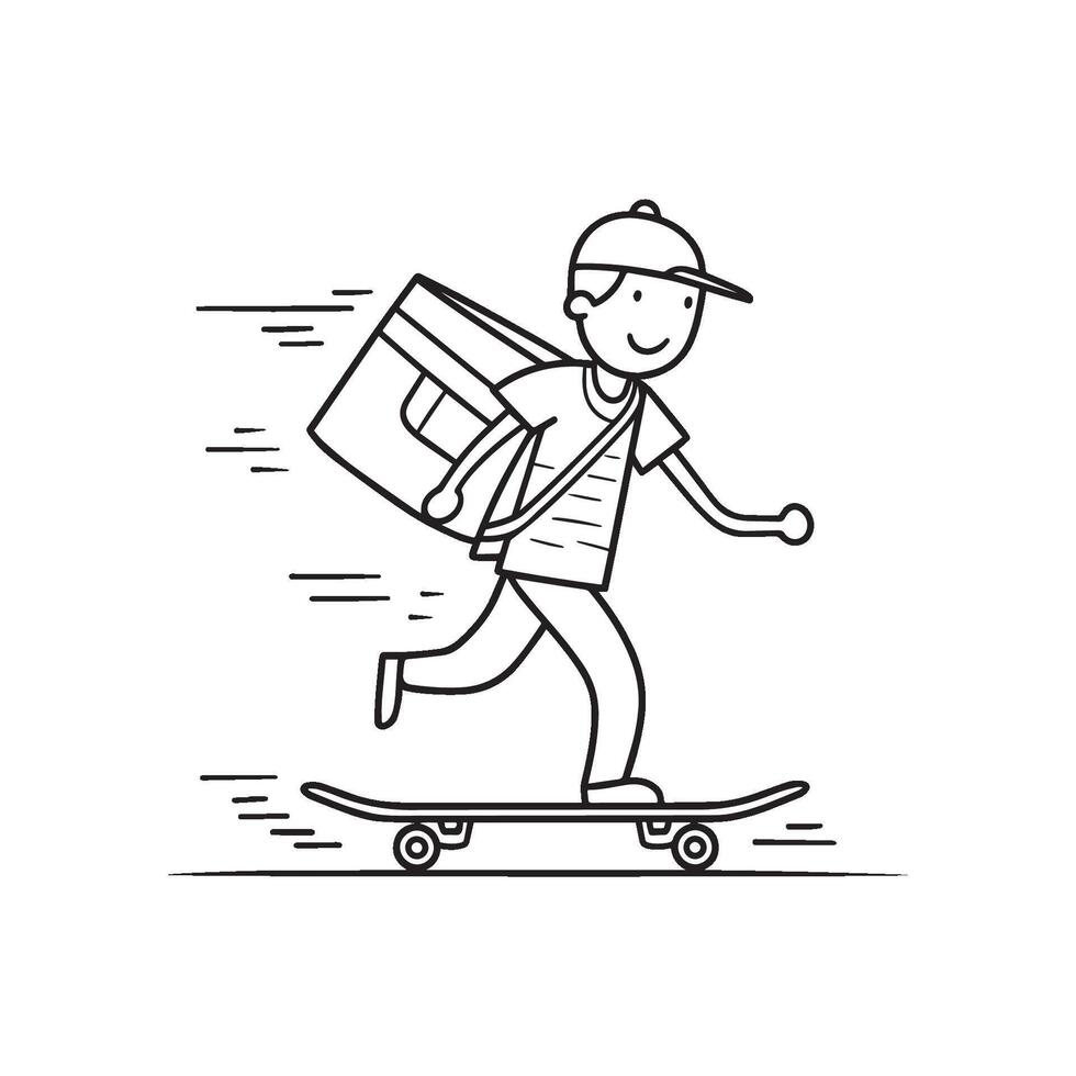 Simple drawing of a postman carrying bag moving fast with skateboard vector