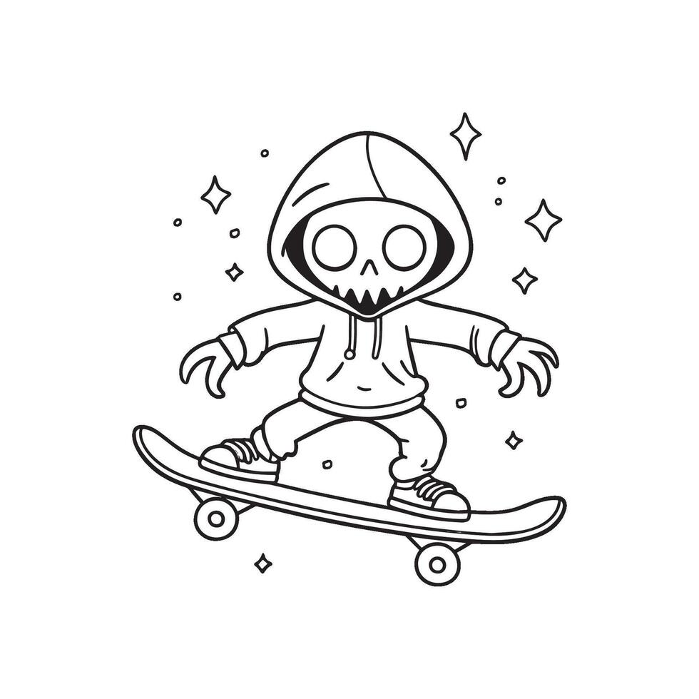 Simple drawing zombie with hoodie playing skateboard vector