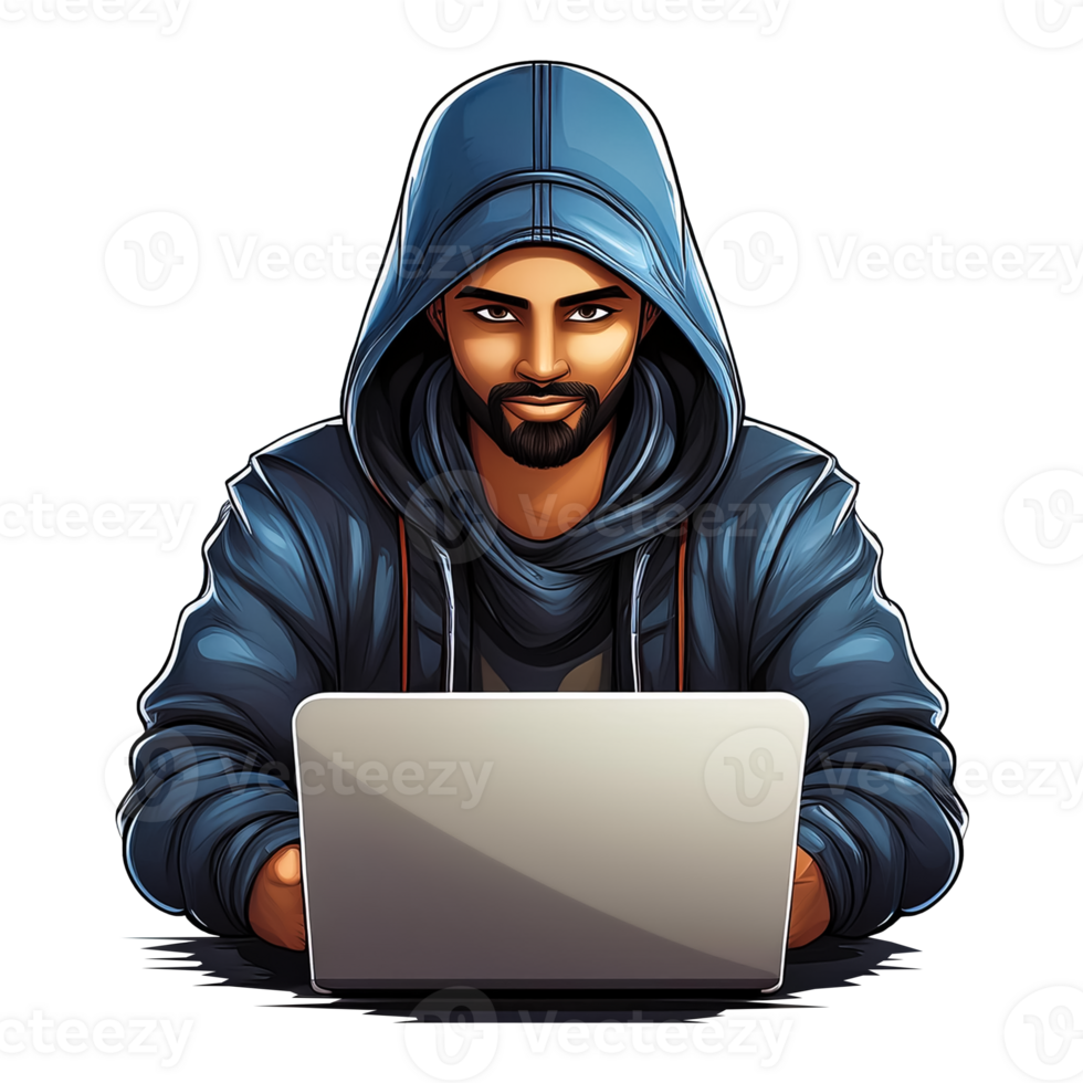 An illustration of a man in a hoodie using a laptop png