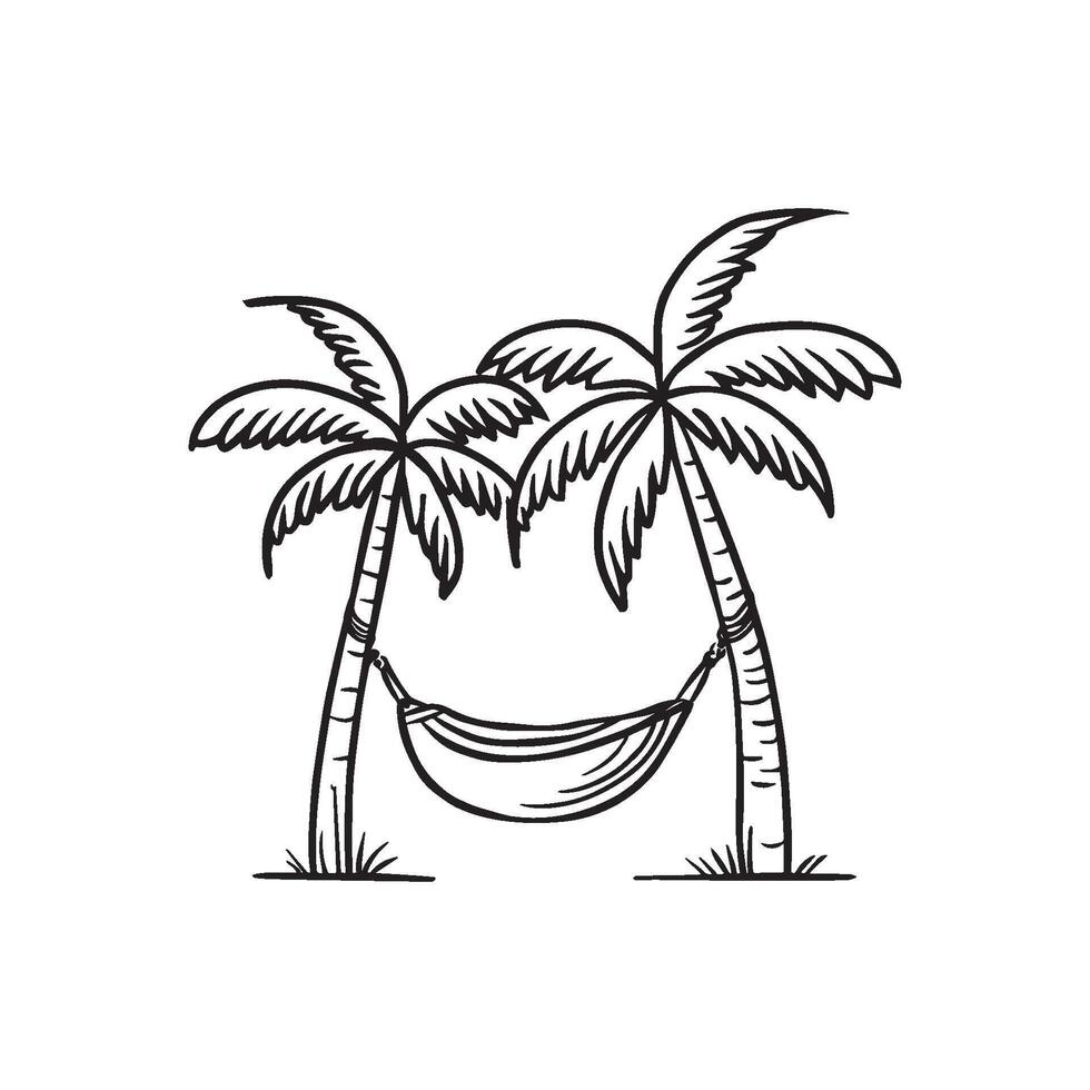 Simple drawing of a 2 palm tree beside a hammock vector