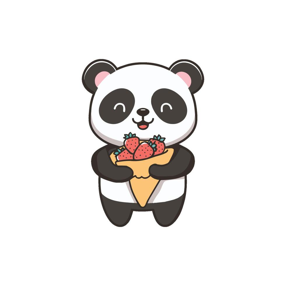 Simple illustration of cute panda holding a crepe with strawberries vector