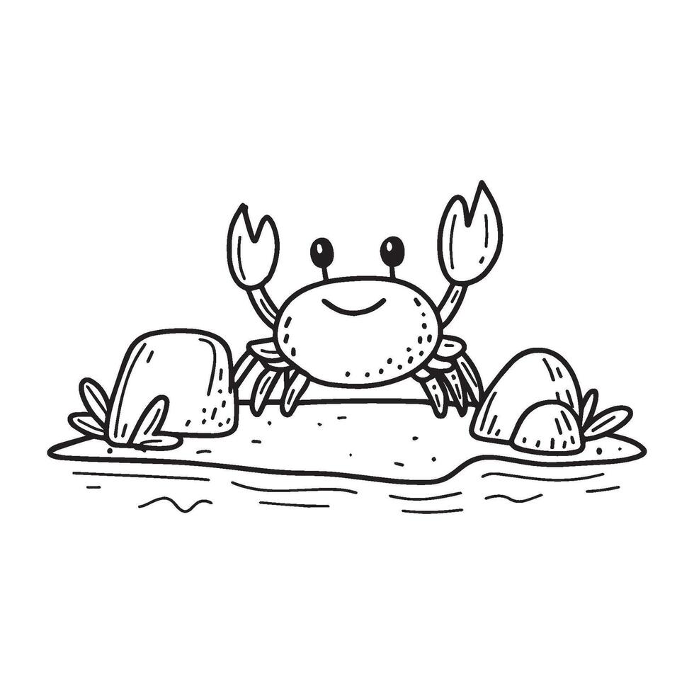 Simple drawing of a crab near the water and rock on the beach vector