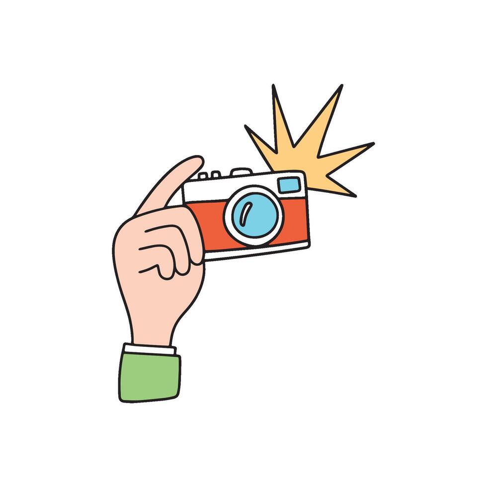 simple doodle of hand hold retro camera with zap flash vector