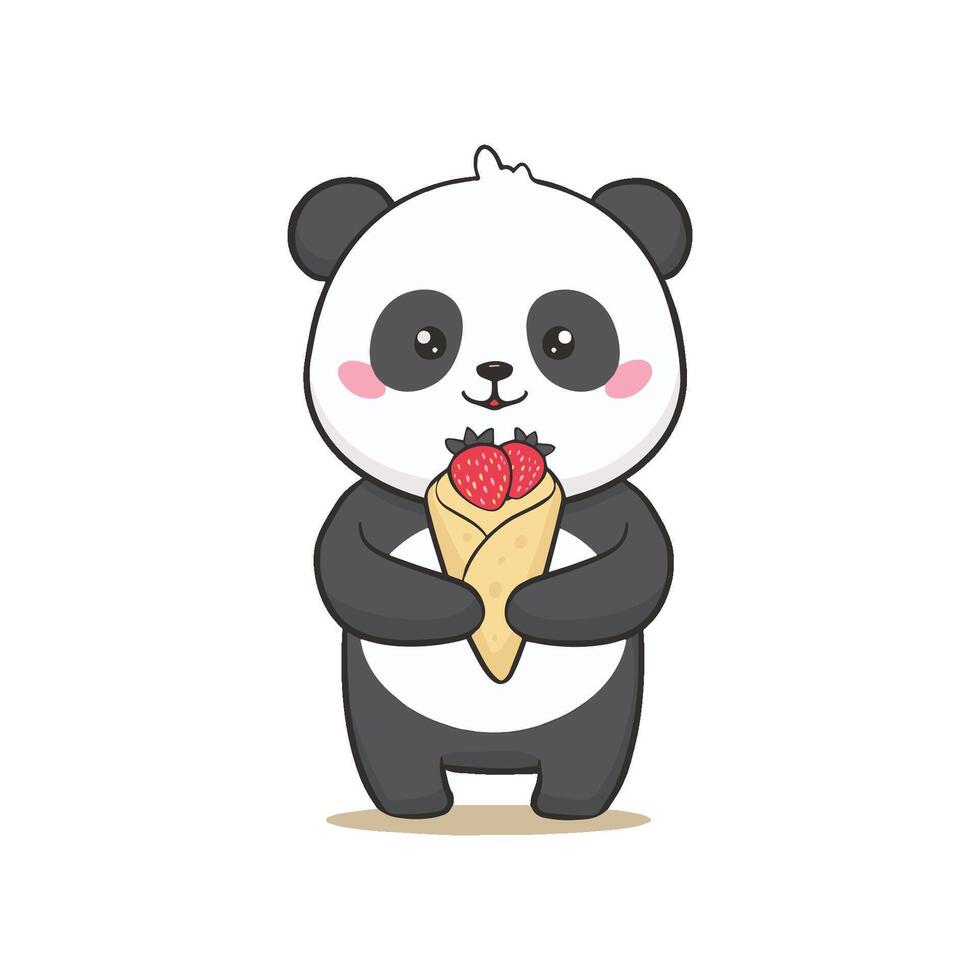 Simple illustration of cute panda holding a crepe with strawberries vector