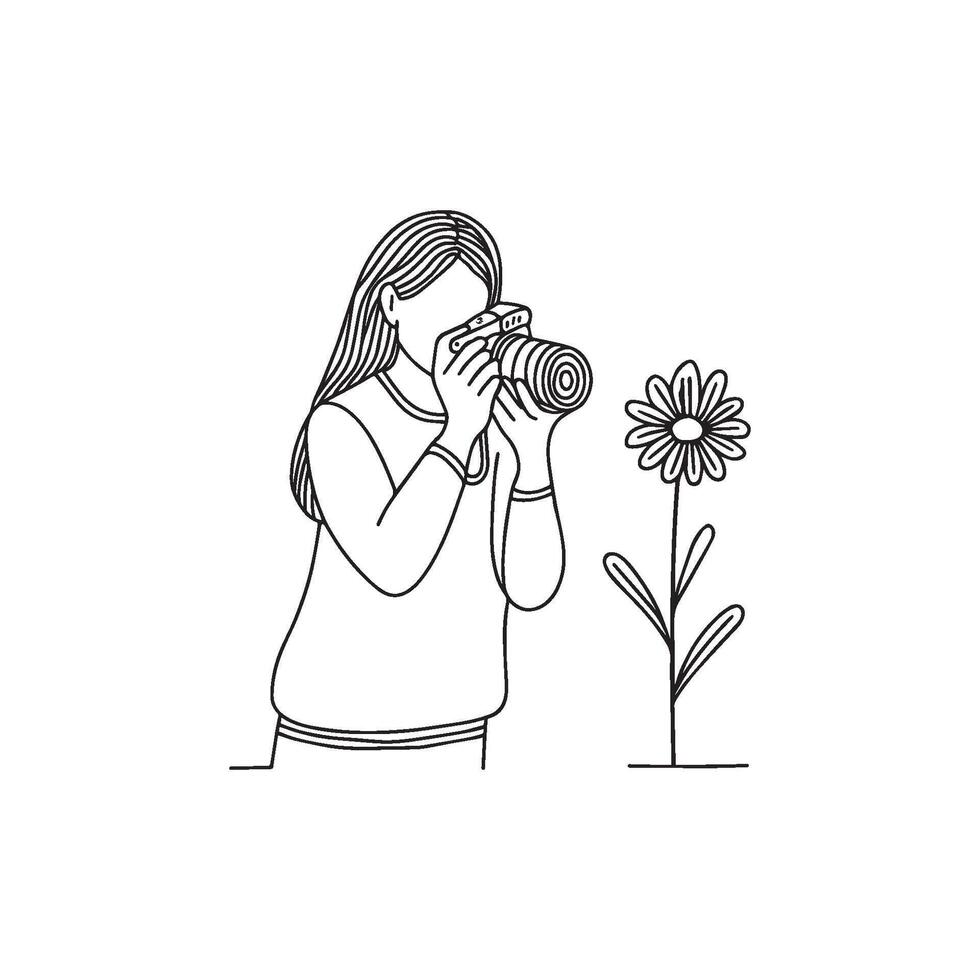 Photographer girl using DSLR camera to capture a blooming flower vector