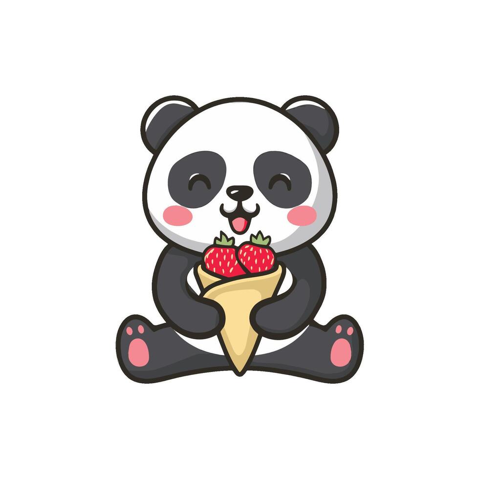 Simple illustration of cute panda holding a crepe with strawberries vector