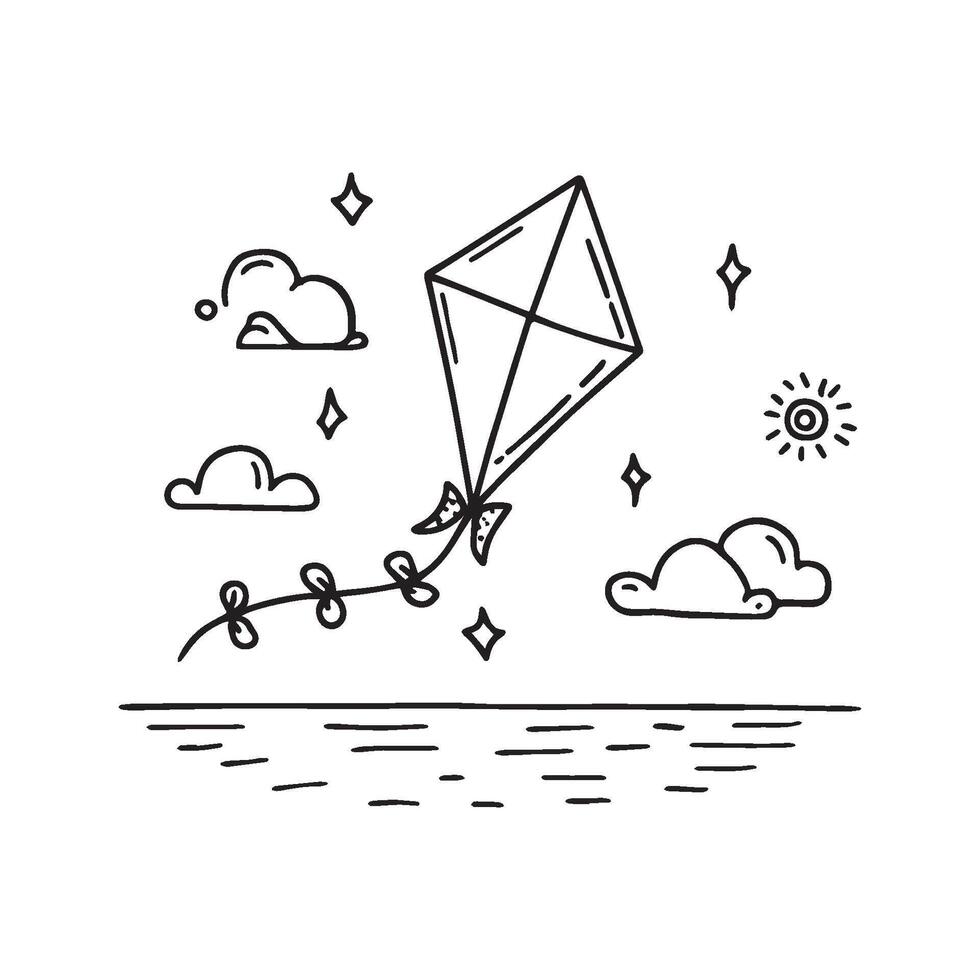 Simple drawing of a kite flying over the beach vector
