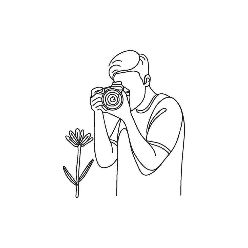 Photographer man using DSLR camera to capture a blooming flower vector