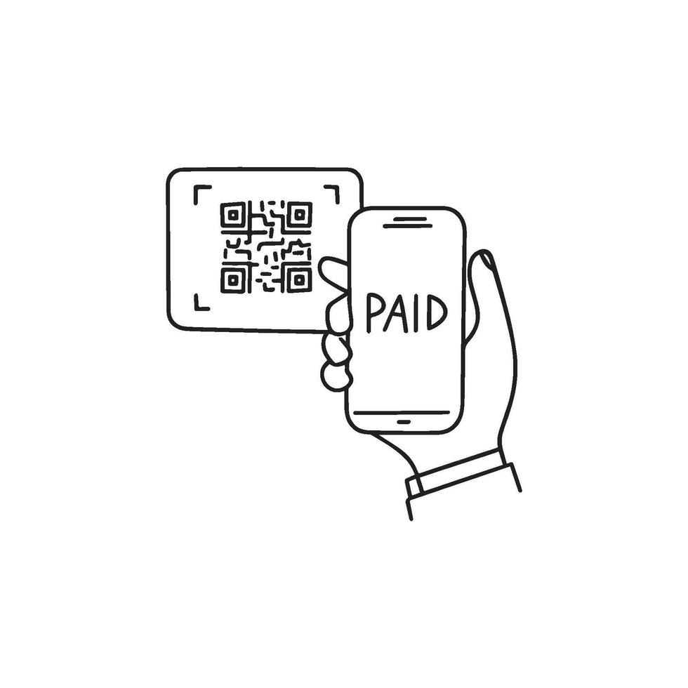drawing of hand scanning qr code with smartphone for electronic payment vector