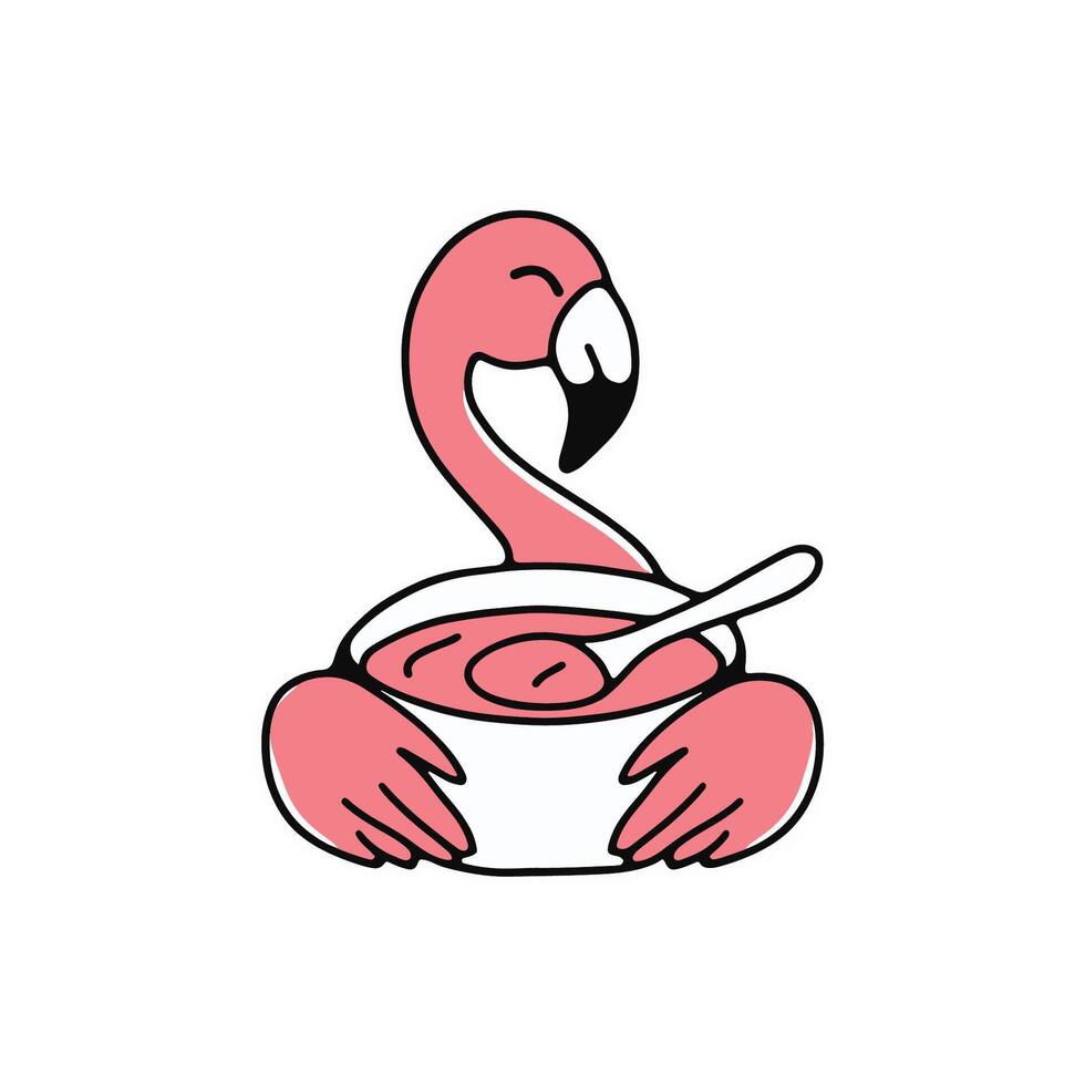 Simple illustration of cute flamingo holding a soup bowl with a spoon vector