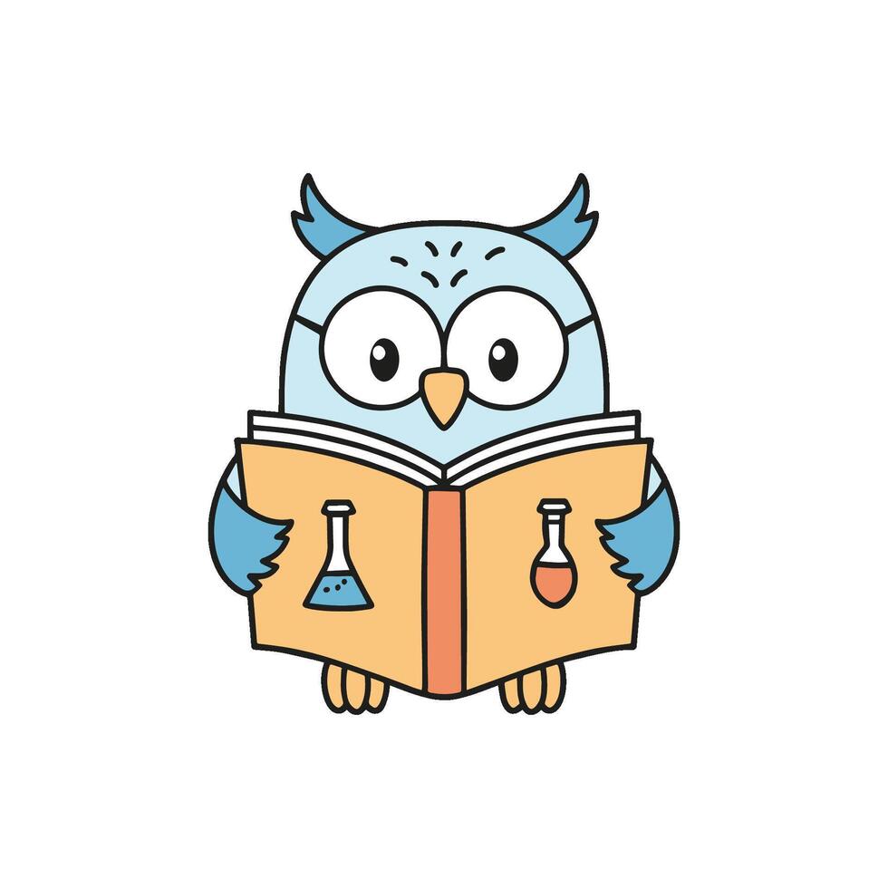 Doodle illustration of a cute owl reading a science textbook vector