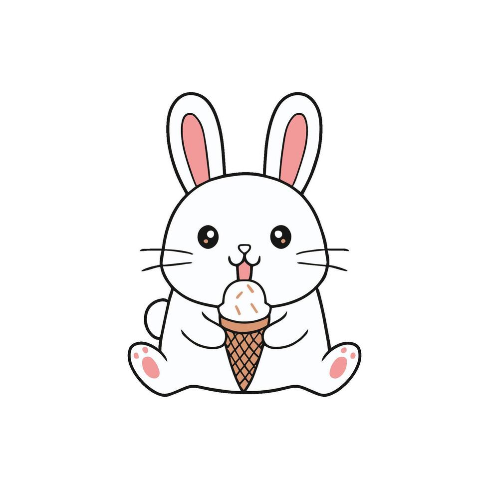 Simple illustration of cute rabbit eating an ice cream cone with sprinkles vector