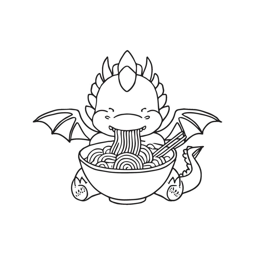 Simple illustration of cute dragon eating a ramen bowl vector