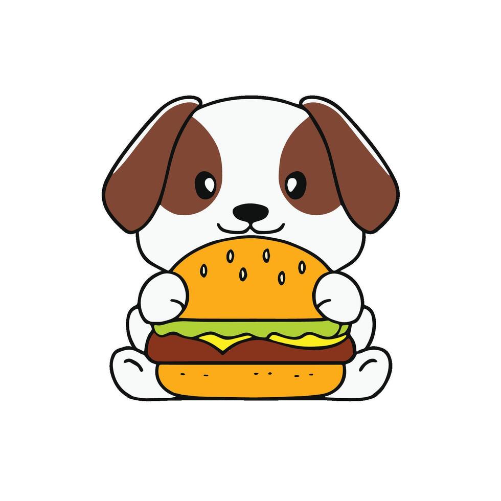 Simple illustration of cute dog holding a burger with lettuce and tomato vector