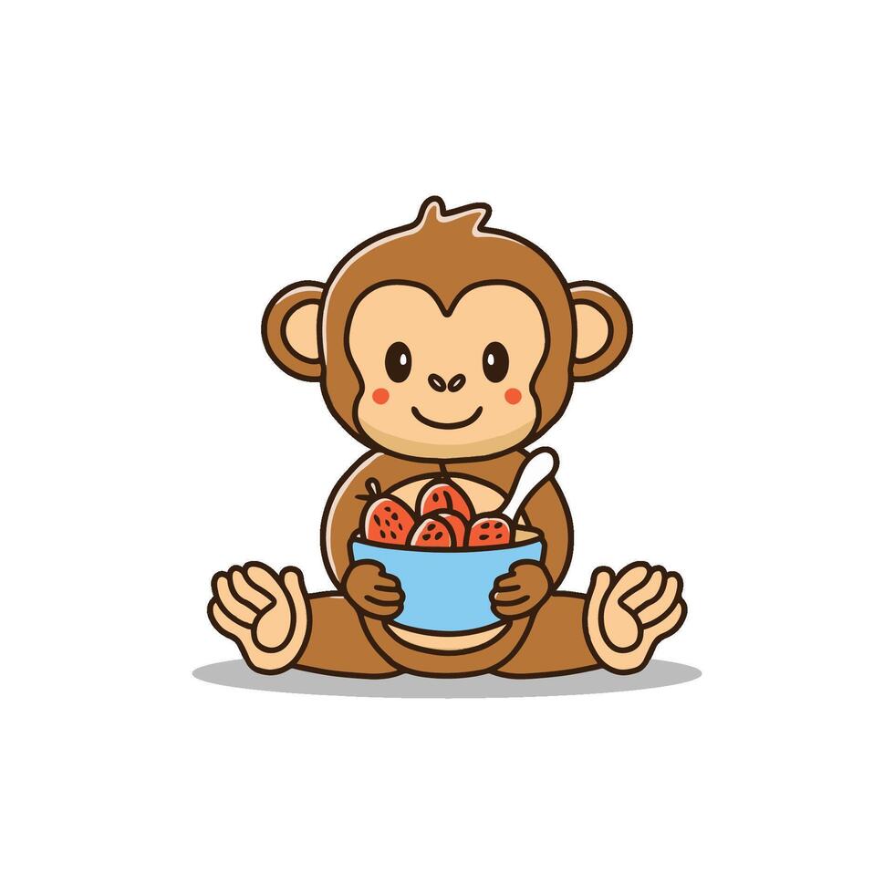 Simple illustration of cute monkey holding a fruit bowl with a spoon vector
