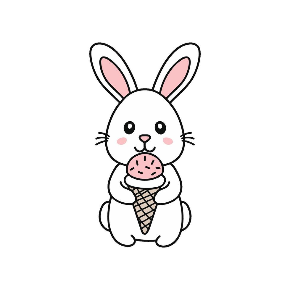 Simple illustration of cute rabbit eating an ice cream cone with sprinkles vector
