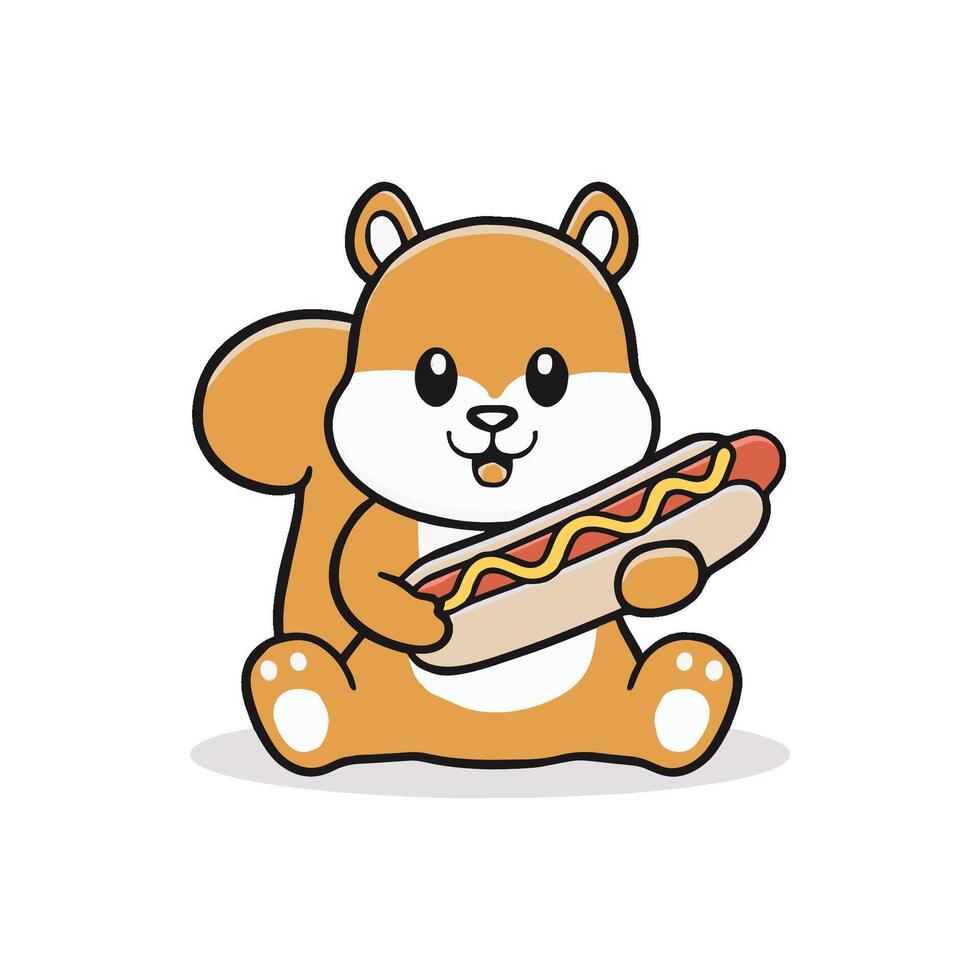 Simple illustration of cute squirrel holding a hot dog with mustard vector