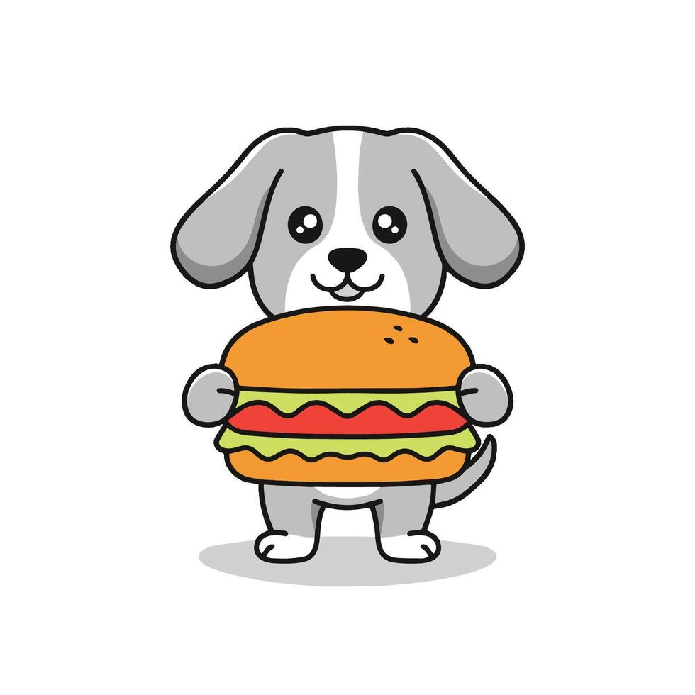 Simple illustration of cute dog holding a burger with lettuce and tomato vector