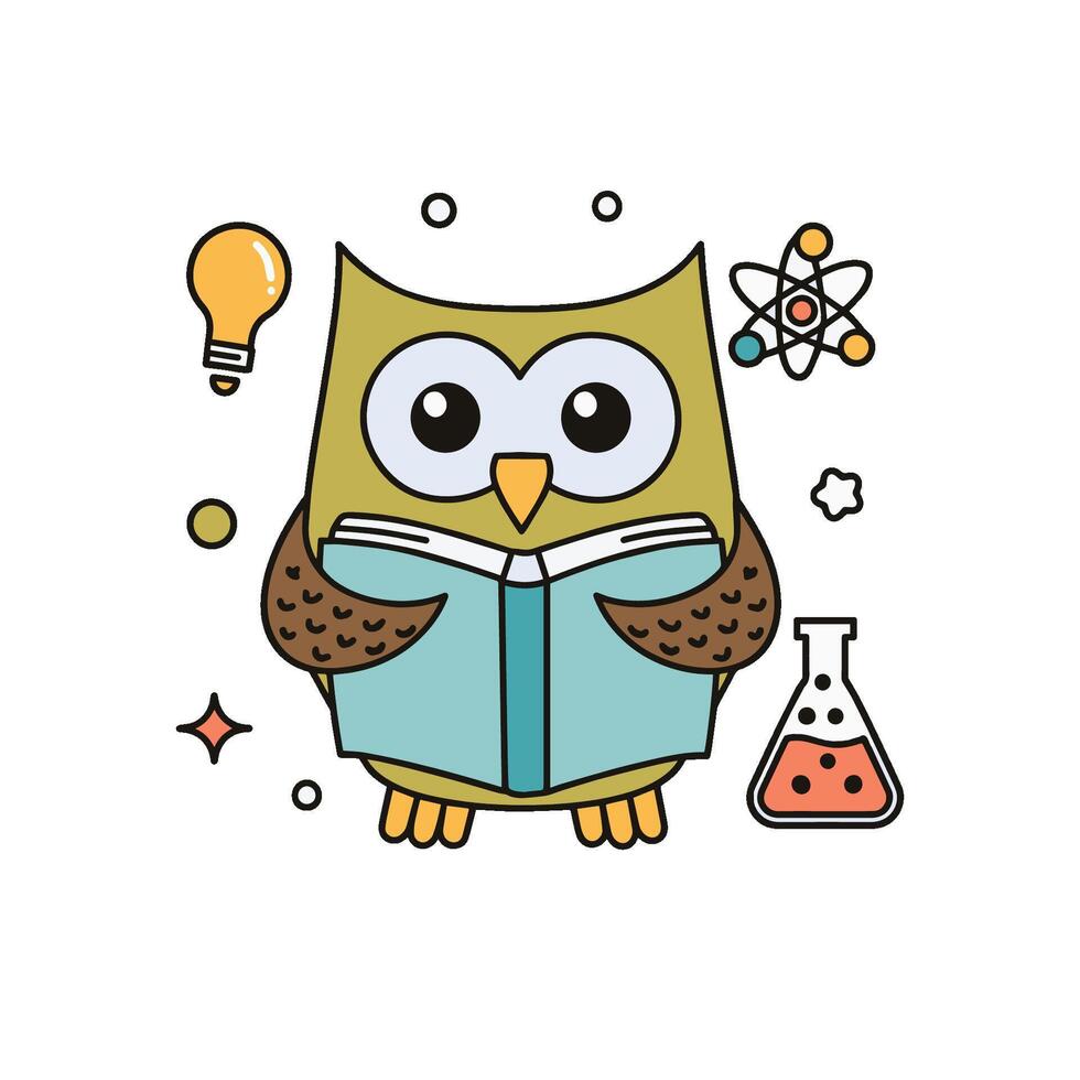 Doodle illustration of a cute owl reading a science textbook vector