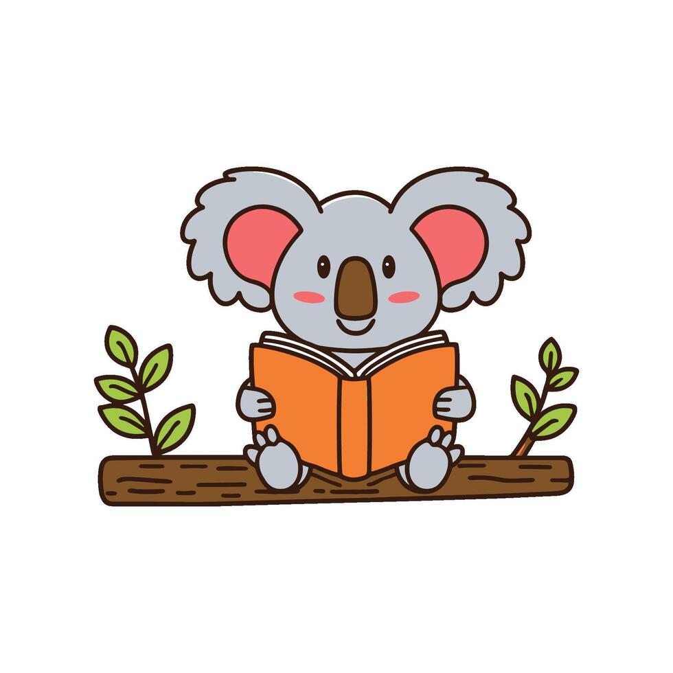 Doodle illustration of a cute koala reading a book on tree vector