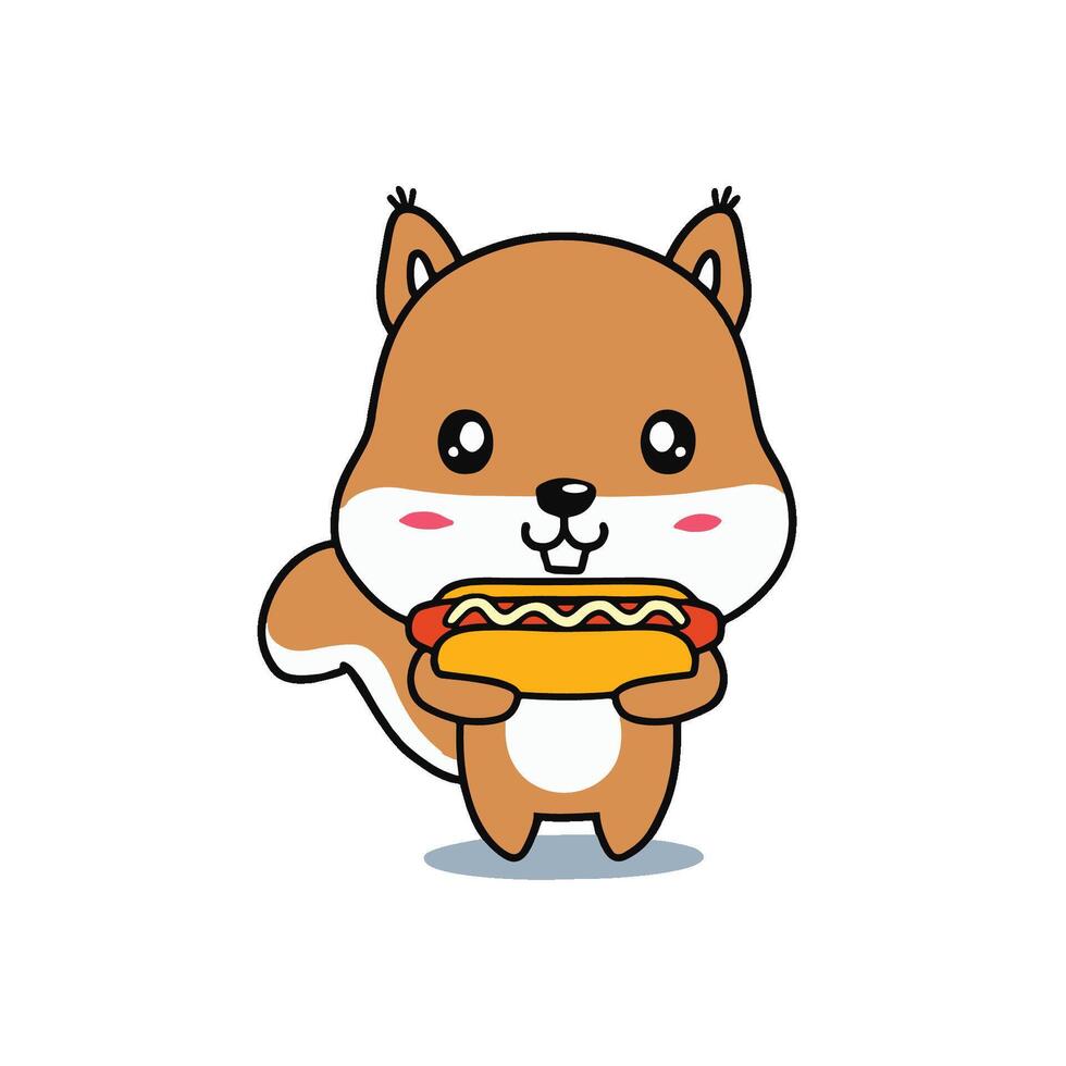 Simple illustration of cute squirrel holding a hot dog with mustard vector
