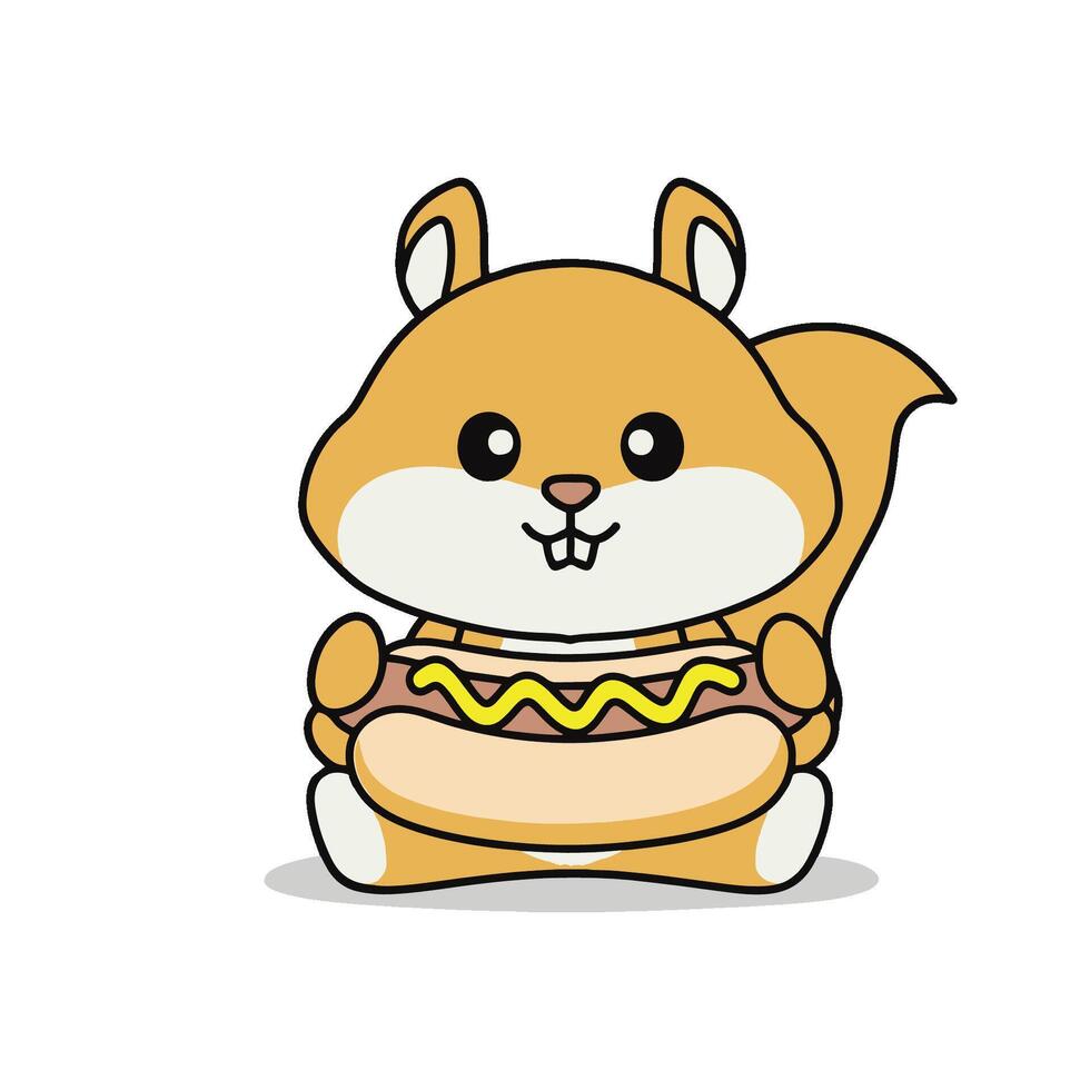 Simple illustration of cute squirrel holding a hot dog with mustard vector