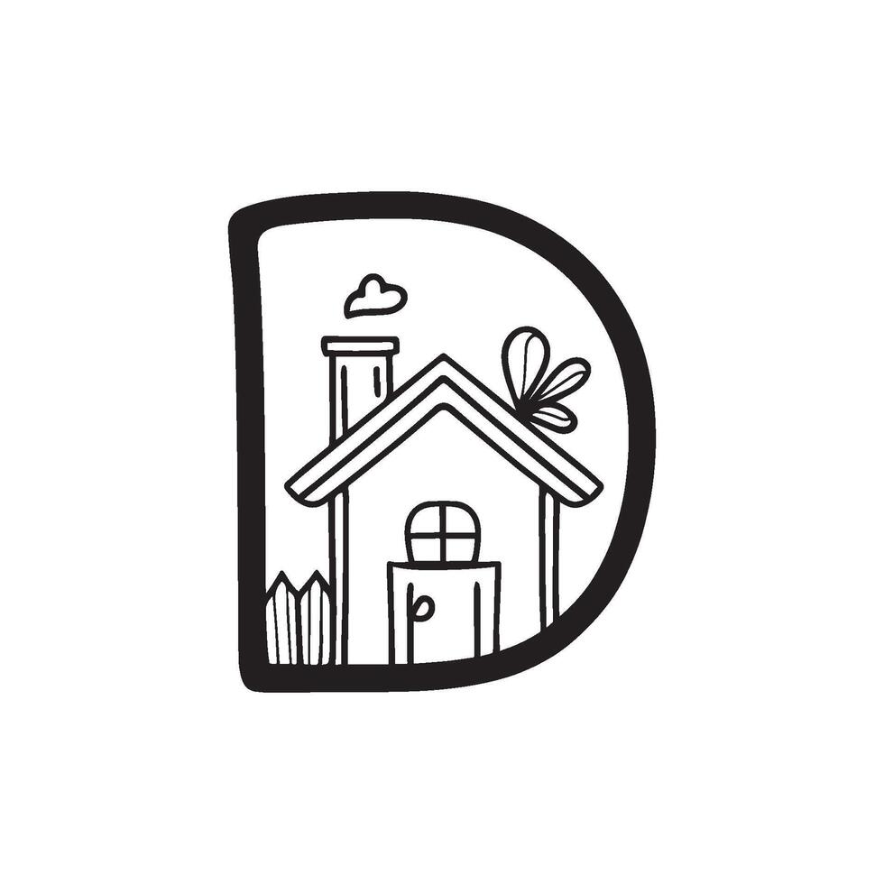 Illustration letter D combine with house doodle vector