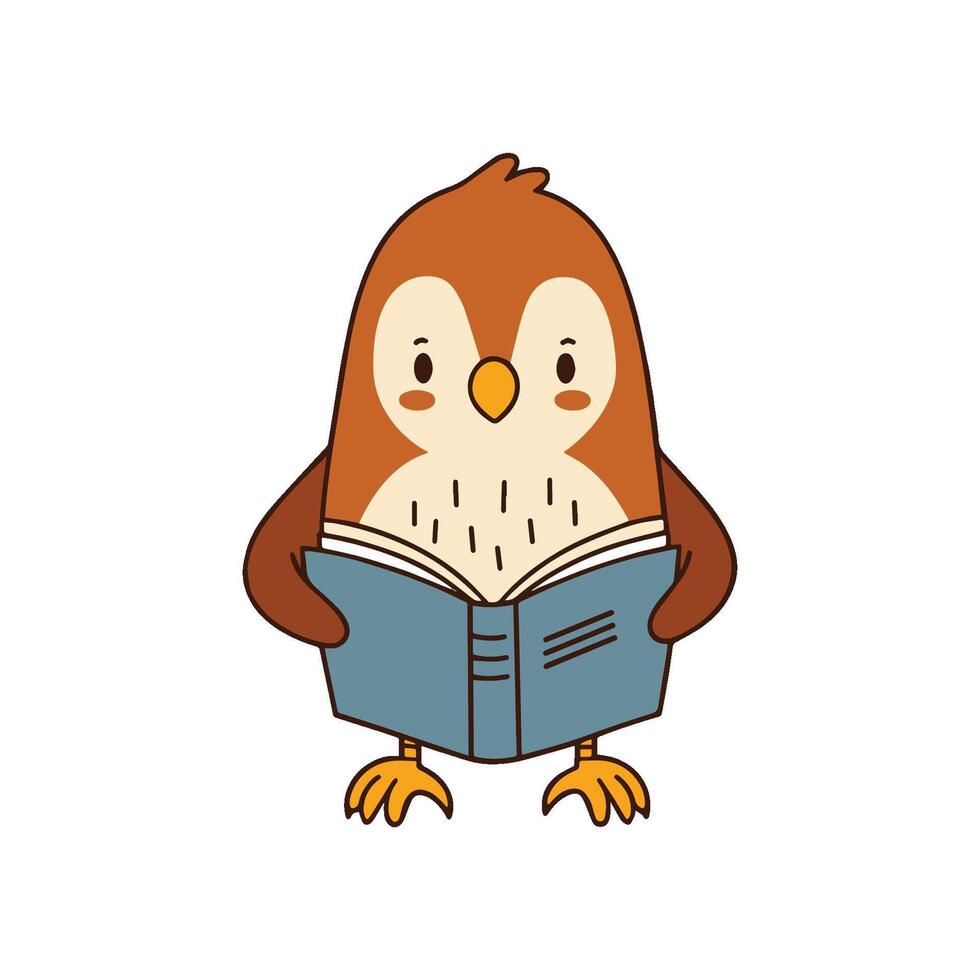 Doodle illustration of a cute hawk reading a book vector