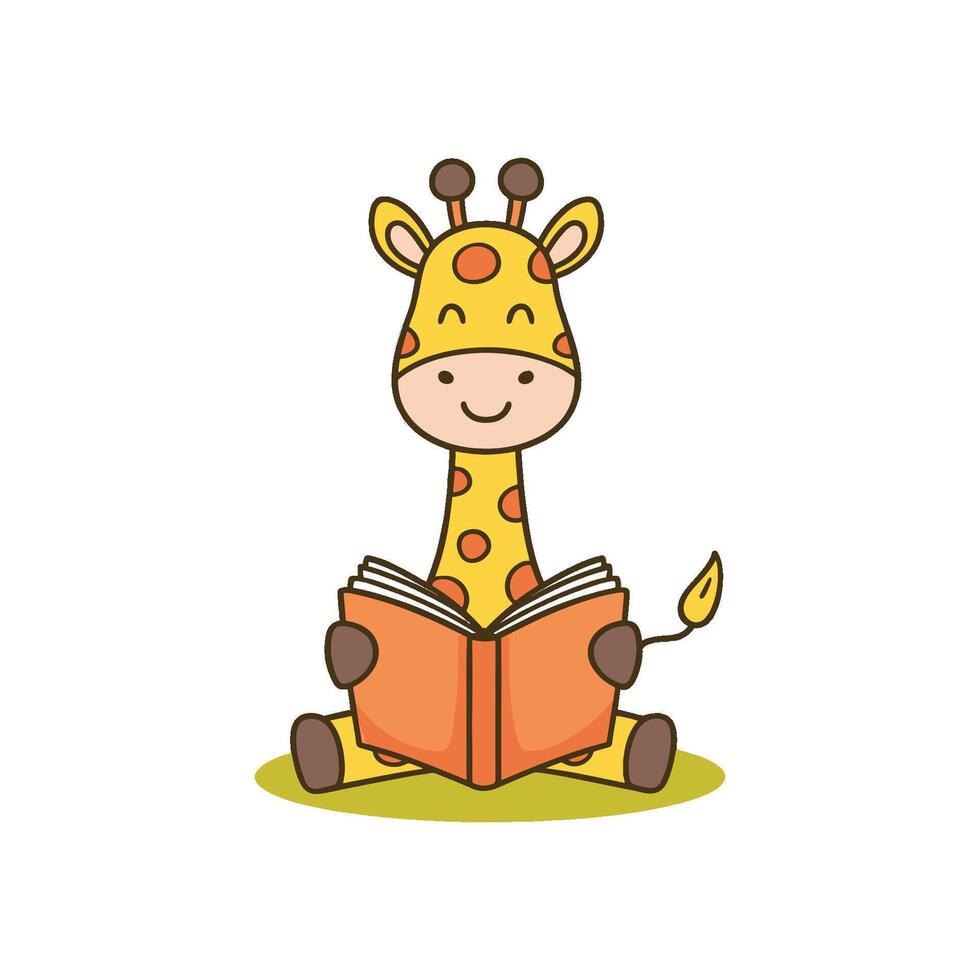 Doodle illustration of a cute giraffe reading a book vector