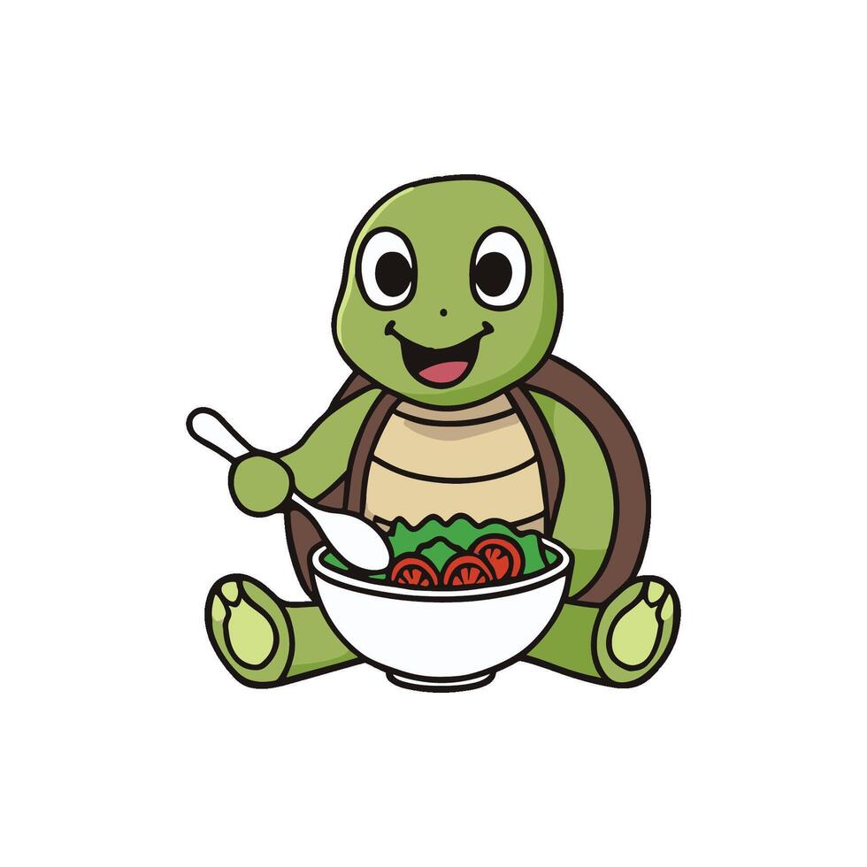 Simple illustration of turtle eating a salad with spoon vector