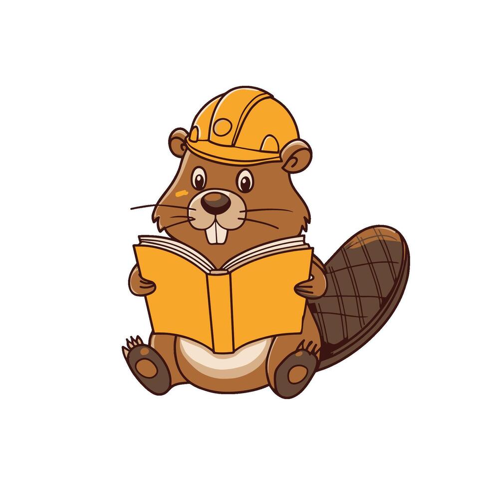 Doodle illustration of a cute beaver reading a book vector