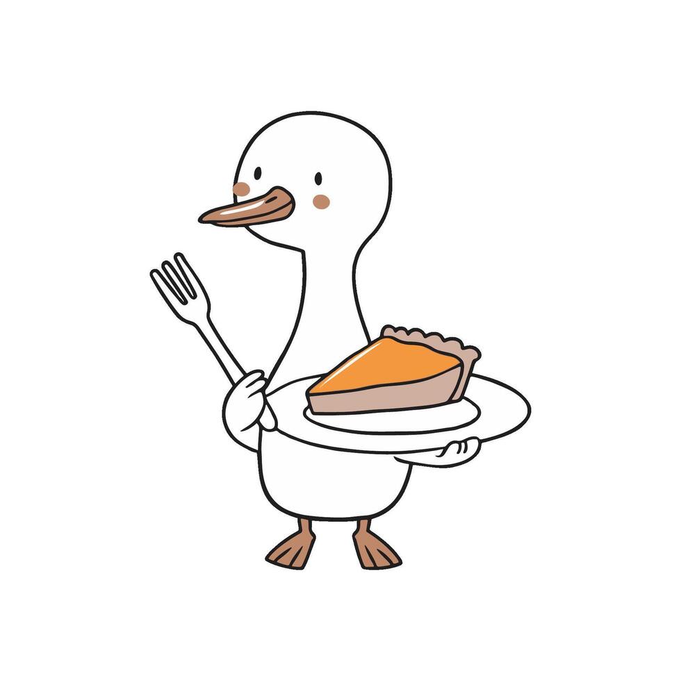 Simple illustration of cute goose holding a pie slice with a fork vector